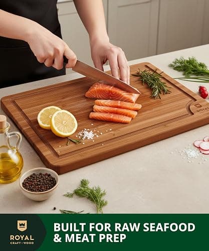 ROYAL CRAFT WOOD Wooden Cutting Boards for Kitchen Meal Prep & Serving - Bamboo Wood Serving Board Set with Deep Juice Groove Side Handles - Charcuterie & Chopping Butcher Block for Meat (3 Pcs) thumbnail 7