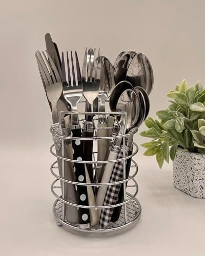 The Original Brink House Eclectic Black & White Mix & Match Stainless Steel Cutlery Set / 16 pieces with Metal Stand/Lifestyle utensils set for home, first apartment, dorm, dinner parties thumbnail 2