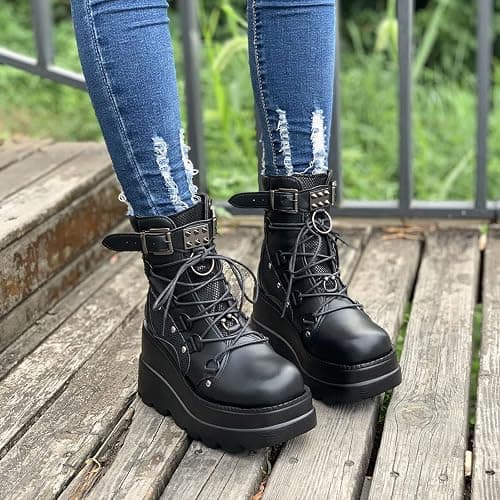 NIGXWNS Women Wedge Ankle Boots Lace-Up Zip Round Toe High Heels Goth Combat Booties Chunky Heel Platform Motorcycle Boots thumbnail 3