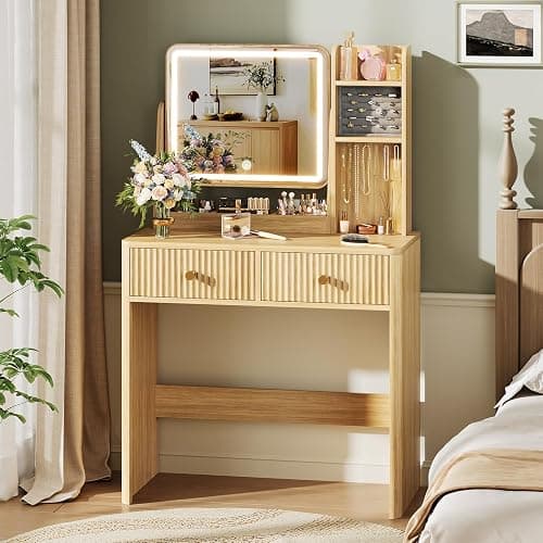 Memobarco Fluted Vanity Desk with Mirror and Lights, Small Makeup Vanity with 2 Drawers and Jewelry Storage Cabinet, 3 Lighting Modes Adjustable Brightness, Dressing Table for Bedroom - Natural Oak - Image 1