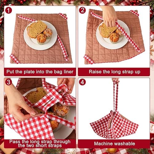 Eccliy 2 Pcs Quilted Pie Carrier Tote Reversible Red White Gingham Reusable | Washable Casserole Cake Carrier Bag Square 17.7" x 17.7" with Adjustable Lifting Straps for Thanksgiving Day Christmas Baking thumbnail 4