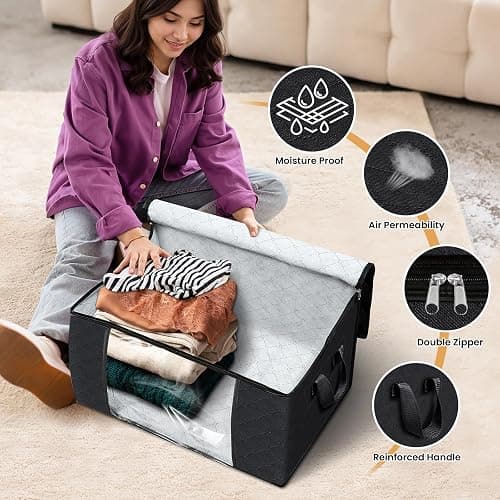 Fab totes Storage Bags,Clothes Blanket Storage Bins Foldable Closet Organizers with Reinforced Handle for Home Dorm Storage and Organization,Fabric Bags for Organizing Sheets,Clothing (Black,6 Pack) thumbnail 4