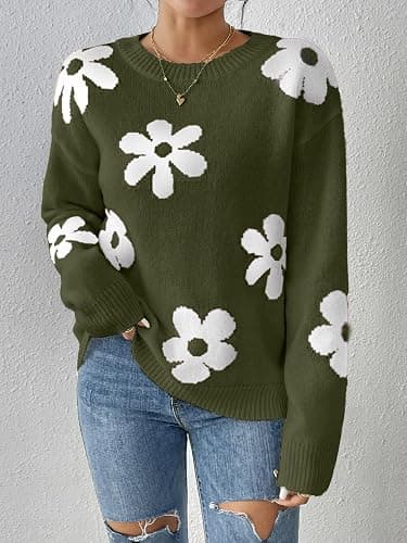 Libsorge Womens Oversized Cute Flower Sweater Fall 2025 Trendy Vintage Y2k Floral Knit Crewneck Long Sleeve Pullover Tops thumbnail 2