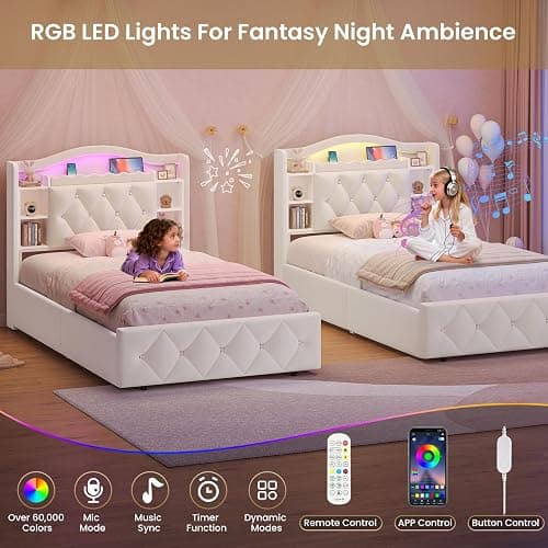 DICTAC Twin Size Bed Frame for Kids with Storage Drawers, Bookcase Headboard, LED Lights and Power Outlets, Diamond Tufted Velvet Upholstered Princess Platform Bed, Heavy-Duty Metal Support, Beige thumbnail 5