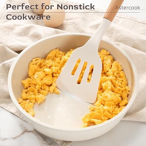 Astercook Kitchen Utensils set, 39 PCS Silicone Cooking Utensils Set with Wooden Handle, 446°F Heat Resistant Food Grade Utensil Sets, BPA Free Kitchen Gadgets Tools Set for Nonstick Cookware (Cream) thumbnail 4