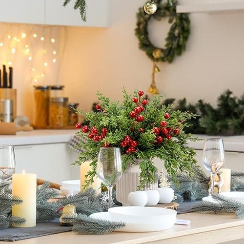 Watayo 45 Pcs Christmas Artificial Pine Branches with Red Berry Stems, 10.5" Faux Evergreen Norfolk Pine Cypress Leaves Stems, Fake Foliage Pine Needles Picks for DIY Craft Garland Home Decor thumbnail 5