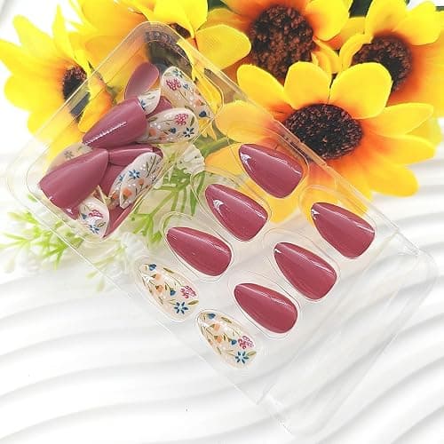 Almond Press on Nails Short Fake Nails Flower Glue on Nails Red Bean Paste Full Cover False Nails Press ons Glossy Acrylic Nails Artificial Stick on Nails for Women 24Pcs thumbnail 4