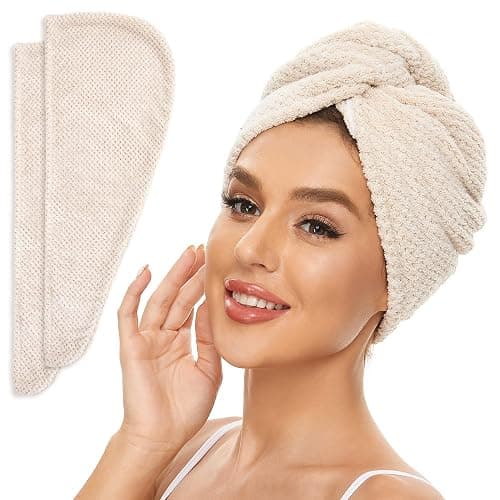 SimpleField 2 Pack Microfiber Hair Towel Wrap for Women, Anti Frizz Quick Drying Hair Turban for All Hair Style, Absorbent and Lightweight (Beige) - Image 1