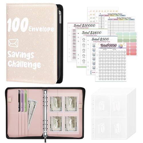 Ospelelf Money Saving Binder Savings Challenge Book with 100 Envelopes Zipper Closure Leather 52 Weeks Budget Planner to Save $10000 $5050 Gold-Flecked Off-White - Image 1