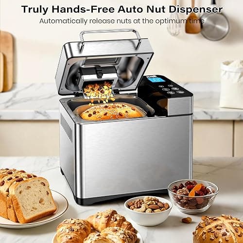 KBS Pro 710W 2LB Bread Maker, Stainless Steel 17-in-1 Smart Bread Machine with Healthy Ceramic Pan, Automatic Nut Dispenser, Tempered Glass Touch Panel, 3 Crust Colors, 15H Timer& Keep-Warm, Recipes thumbnail 5