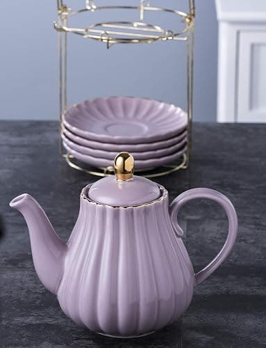 Jusalpha Porcelain Tea Set- 8 OZ Coffee/Teacup, Saucer, Cup Holder, Purple | 17-Pieces, Serve of 4- included Teapot, Creamer set, Spoons and Cup holder Stnad (FD-TW17PC SET, Purple) thumbnail 5