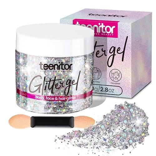 Teenitor Body Glitter, Body Glitter Gel, Hair Glitter, Face Glitter, Holographic Chunky Makeup Silver Glitter Gel for Face, Makeup, Hair, Eye - Image 1