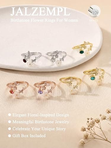 Birthstone Gold Adjustable Flower Rings Non Tarnish Birth Jewelry for Women | 14K gold, rose gold & silver plated, mother of pearl flower with cubic zirconia, fits sizes 7-11, birthday gift thumbnail 5