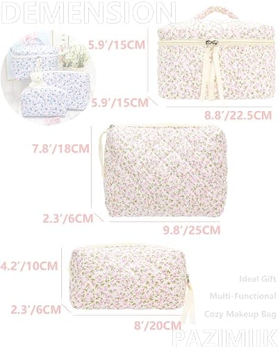 3PCS Makeup Bag SET Large Travel Quilted Zipper Soft Cosmetic Case Pouch for Women Girls Make Up,Floral Pink thumbnail 4