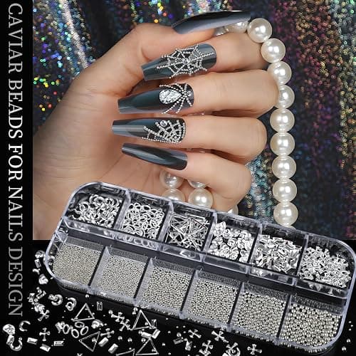 Teenitor Silver Nail Charms and Gems Kit, 4 Boxes Nail Gems Silver Rhinestones for Nails, 3D Y2K Accessories Nail Decor, Cross Charms for Nails Design Star, Caviar Beads for Nails Art thumbnail 7