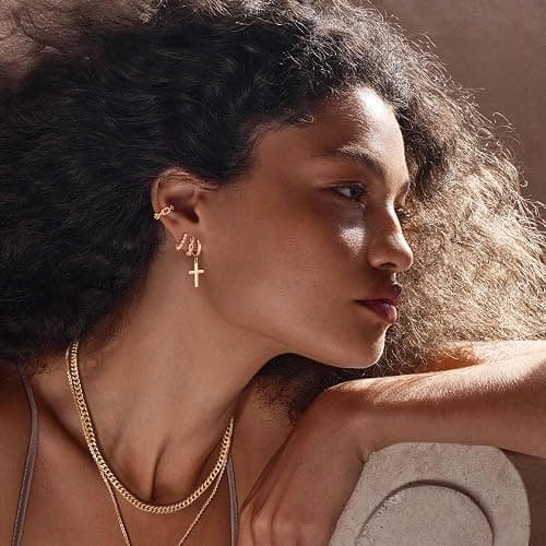 Gold Dangle Drop Hoop Earrings for Women Men Gold Plated Dainty Earrings Hypoallergenic Star Cross Huggie Hoops Jewelry for Everyday Wear thumbnail 7