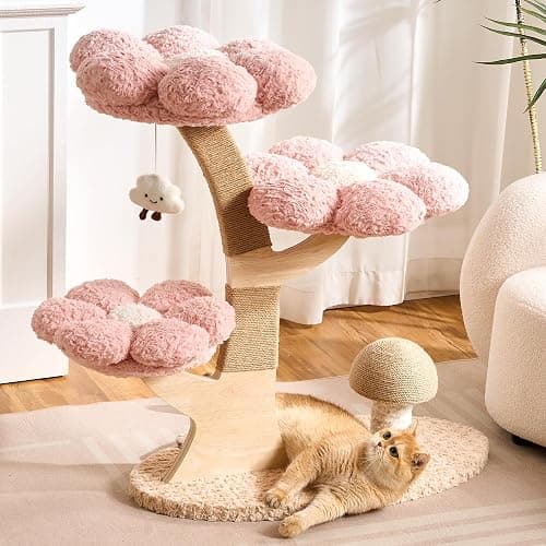 Kicari Aesthetic Flower Cat Tree Tower with Scratching Post for Indoor Cats, 37" H Modern Cat Tree with Wood Sculpted Branch, Flower Cat Beds, Mushroom Scratcher & Interactive Squeaky Toy, Pink thumbnail 2