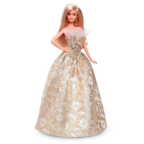 Barbie Signature 2025 Holiday Blonde Fashion Doll Wearing Silver & Gold Gown, Seasonal Collector in Displayable Packaging & Stand thumbnail 3