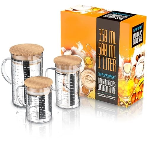 Arendo - Messbecher Set aus Glas - Größen 350ml, 500ml, 1000ml (0,35l 0,5l 1l) – Messkrug Glas Krug – Borosilikatglas – präzise Skala – hitzebeständig – Glasbehälter mit Bambusdeckel - Silikondichtung thumbnail 7