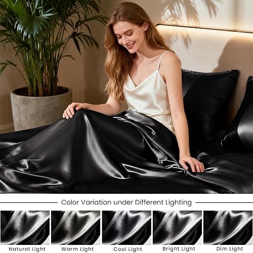 Love's cabin Satin King Sheet Sets - 4 Piece Black Silky Sheets King Size Bed Set with Deep Pocket, Luxury Silk Feel King Size Satin Sheet Set (1 Flat Sheet,1 Fitted Sheet,2 Pillow Cases) thumbnail 7