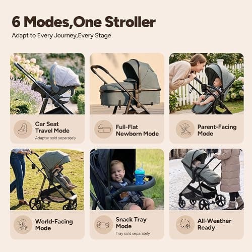 Mompush Wiz 2-in-1 Bassinet Stroller Reversible Seat, One-Hand Fold, Khaki | Newborn to toddler, large wheels with suspension, multi-position recline, UPF 50+ canopy, large basket, cup holder included thumbnail 6