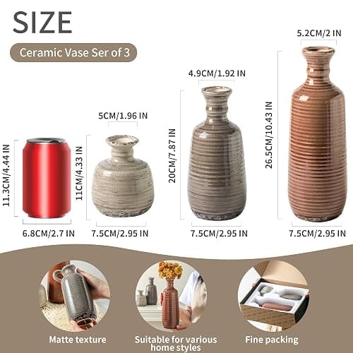 Ceramic Vases Set of 3, Neutral Rustic Farmhouse Vases Home Decor Decorative Flower Vase Modern Boho Pampass Vase for Table Mantel Entryway Shelf Living Room Kitchen Bathroom - Brown thumbnail 3