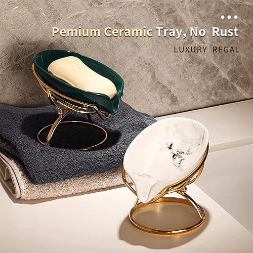 Leaf-Shaped Ceramic Soap Dish with Drain, Holder, Saver, Tray, Bar Soap Holder, Easy Cleaning, for Shower Bathroom Kitchen Sink Bathtub, Pro-Environment White thumbnail 5