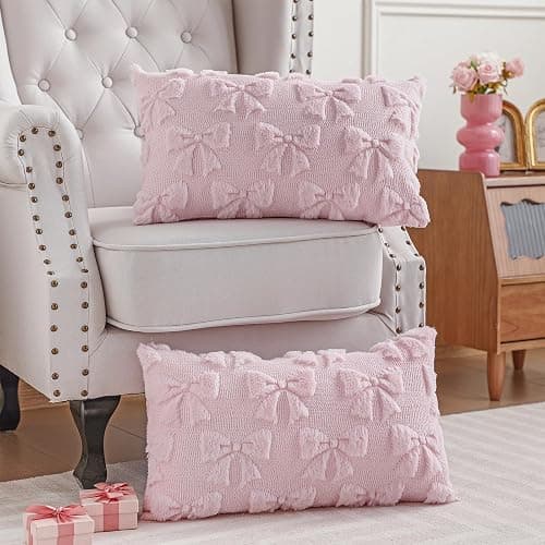 Mixweer Bow Pillow Covers Set of 2 Coquette Room Decor Cute Faux Fur Soft Bowknot Preppy Stuff Fluffy Plush Aesthetic Pillow Covers for Bed Sofa Couch, Fall Christmas Decor(12 x 20 Inch,Pink) thumbnail 5