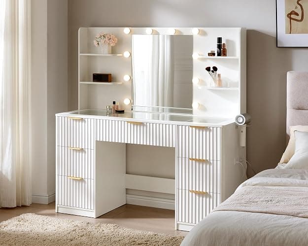 AMERLIFE 47.2" Fluted Vanity Desk with Mirror and Adjustable LED Lights, Large 7 Drawers Makeup Table with Glass Top and Charging Station for Women and Girls, Bedroom or Dorm, White - Image 1