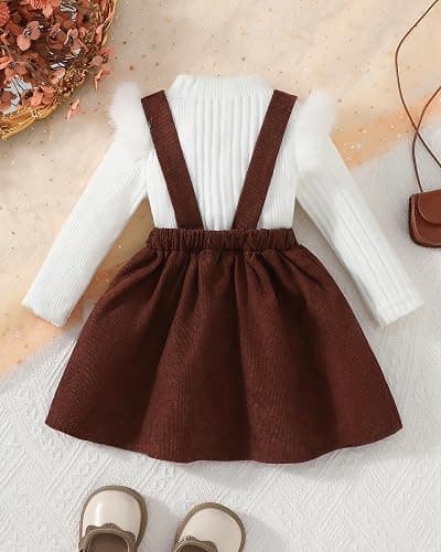 Megeoly Toddler Baby Girl Outfits Long Sleeve Ribbed T-Shirt Bow Overall Dresses Suspender Skirt Set Fall Winter Clothes thumbnail 5