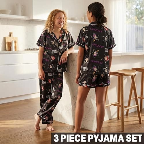 Get Trend KPop Demon Hunters Girls Pajamas Officially Licensed 3-Piece Huntrix PJs Set with Pants & Shorts, Satin Nightwear thumbnail 3