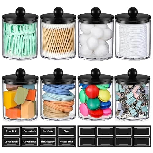 8 Pack Acrylic Qtip Holder Dispenser for Cotton Swabs, Balls, Pads, Floss - Plastic Canister Apothecary Jar Set, Bathroom Essentials Accessories Decor Vanity Makeup Storage Organizer - Clear & Black - Image 1