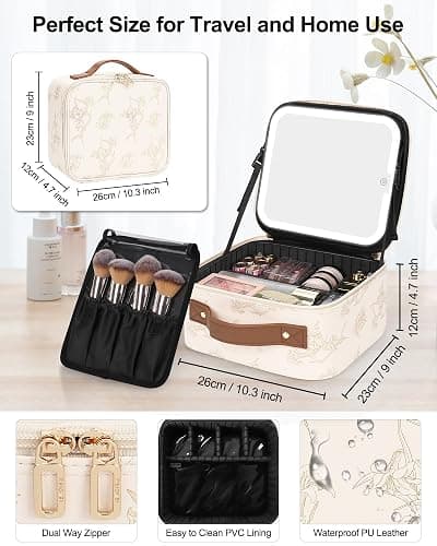 Relavel Travel Makeup Bag With LED Mirror, Portable Cosmetic Organizer Bag with Adjustable Brightness in 3 Color Scenarios, Small Train Case with Detachable Dividers for Trip- Lily Flower thumbnail 2