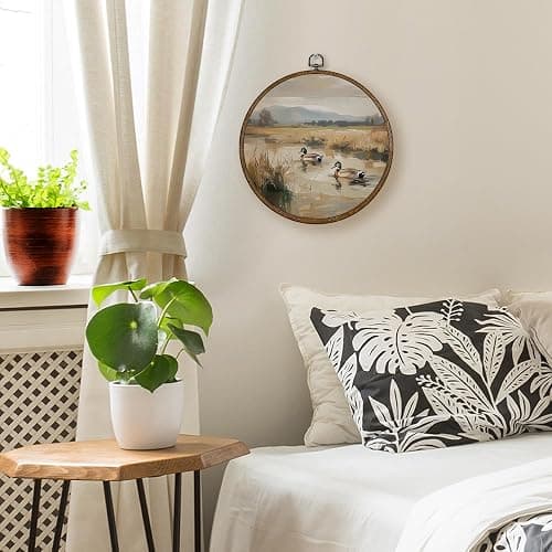 Qskjre Vintage Mallard Duck Wall Art Decor, Nursery Cottagecore Duck Pond Hunting Round Wood Framed Canvas Picture Wall Art, Rustic Bird Hunter Hanging Prints for Woodland Room Decorations 10"x10" thumbnail 3