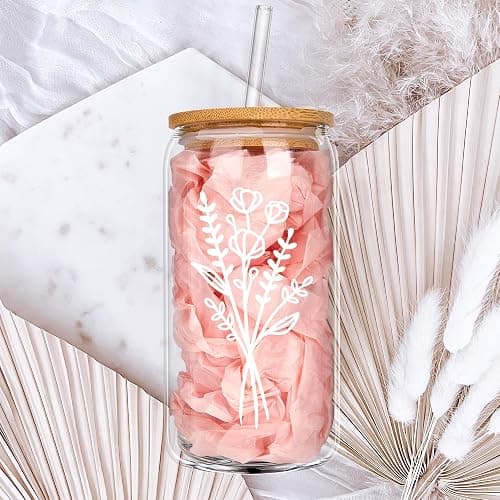 Cute Glass Cups with Lids and Straws, Aesthetic Iced Coffee Cup, Flower Mugs, Personalized Tumbler with Straw, Birthday Gifts for Women Friend Sister Her Coffee Lover Bridesmaid Stuff Christmas thumbnail 7