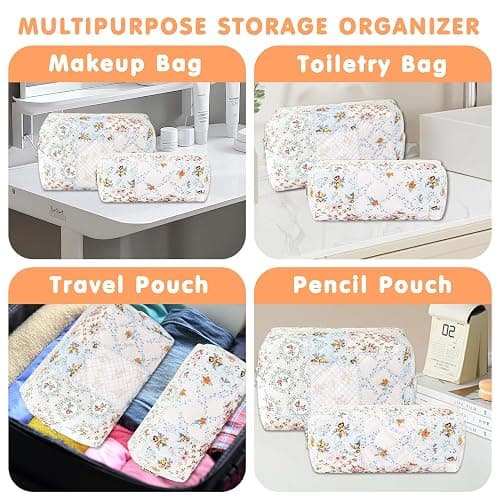 URSKYTOUS 2Pcs Cotton Quilted Makeup Bag for Women Girls Coquette Small Floral Cosmetic Bags Cute Zipper Pencil Pouch Aesthetic Makeup Pouch Trendy Cloth Bee&Flower Travel Toiletry Skincare Bag thumbnail 5