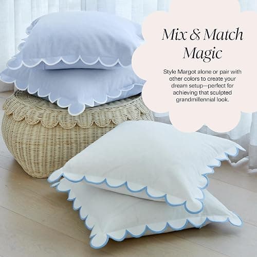BEBE BASK Blue Scalloped Pillow Cover - Set of 2-18 x 18 Inch - Scallop Pillow Cover - Scalloped Pillows - Scallop Pillows - 100% Cotton - Grandmillennial Style (Sky Blue/White) thumbnail 8
