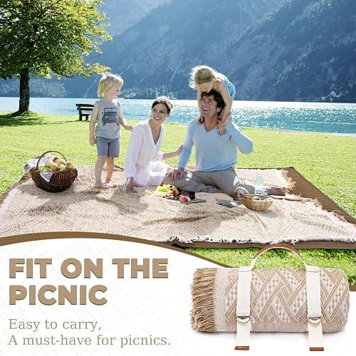Genovega 2 in 1 Extra Large Outdoor Picnic Blanket Waterproof Woven Boho Mat Giant Beach Towel Travel Essential Yoga Accessories Park Patio Lawn Garden Grass Ground Music Festival Concert Must Have thumbnail 3