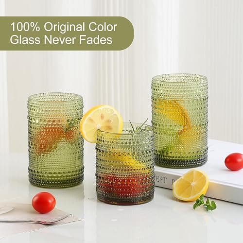 ZMOWIPDL Vintage Hobnail Drinking Glasses Set of 8,Green 12 oz & 15oz Highball Glass Cups, Kitchen Drinkware Glassware,Embossed Water Tumbler,for Beer,Cocktail,Whiskey,Juice and Various Mixed Drinks thumbnail 4