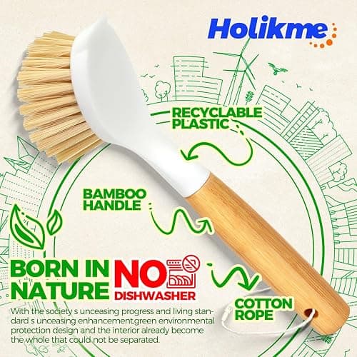 Holikme 3 Pack Dish Brush Set with Bamboo Handle, Kitchen Brushes for Cleaning Pot, Sink and Stove, Skillet Scrubber with Tough Bristles for Cast Iron Grill Pan, Yellow White Black thumbnail 6
