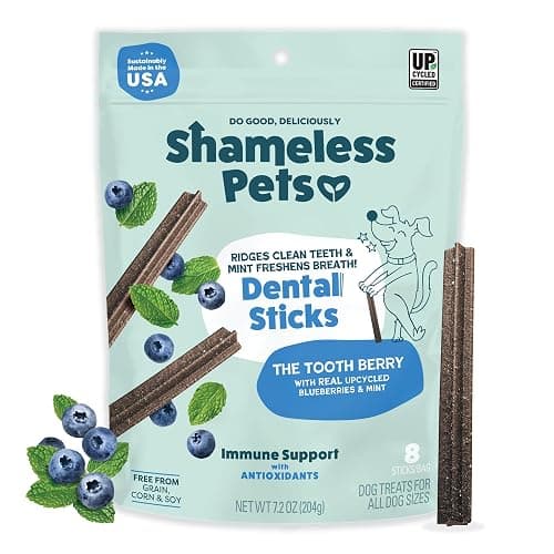 Shameless Pets Blueberry & Mint Dental Chews for Dogs, 8 Chews - Natural Dog Teeth Cleaning Treats with Fresh Breath Benefits | Grain-Free Dental Sticks for Small, Medium & Large Dogs - Image 1