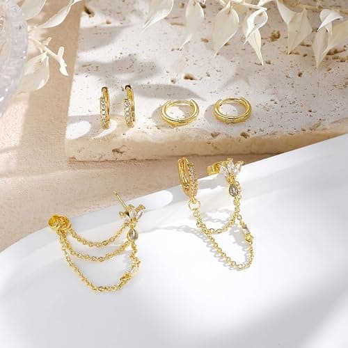 Earring Stacks Chain Gold Cartilage Helix Multiple Piercing Hoop Sets Women | 6PCS,Flat/Butterfly Back,14K Gold/Silver Plated,Dangle Huggie Hoop,White/Green CZ,Trendy Stackable Prom Jewelry Gift thumbnail 3
