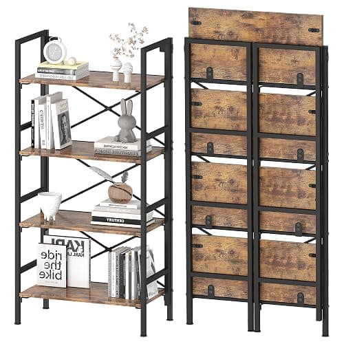Homeiju Folding Bookshelf,4 Tier Bookcase Foldable Shelf with X-Bracket Design, Adjustable Feet, Space Saving Storage for Living Room, Office, Rustic Brown thumbnail 8