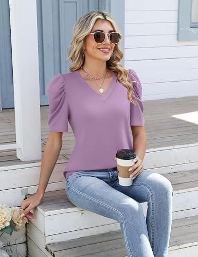 IECCP Women V Neck T Shirts Puff Short Sleeve Tops Fashion Dressy Casual Tunic Loose Fit Blouses thumbnail 5