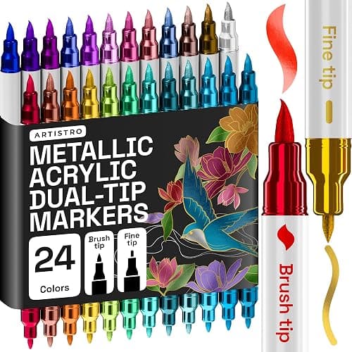 ARTISTRO 24 Metallic Dual-Tip Acrylic Paint Marker Pens for Drawing | For Fabric, Rock, Glass, Wood, Arts & Crafts Gift for Adults, Teens & Kids, Pumpkin Decorating Kit & Halloween Crafts - Image 1