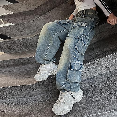 Rolanko Girls Cargo Pants Baggy Y2K Cargo Trousers Jeans Wide Leg Pants with Multi Pockets 4-15 Years - 12-14 - Multi-pockets thumbnail 5