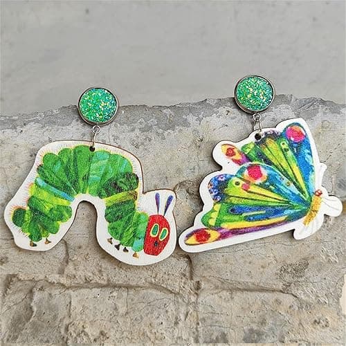 Dreuyet Handmade Earring Teacher Earrings Acrylic Cartoon Animal Drop Earrings Hungry Caterpillar Earring for Women Reading Teachers Gift thumbnail 5