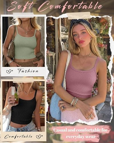 Ficerd 3 Pack Women's Spaghetti Strap Ribbed Tank Tops Scoop Neck Cotton Crop Camisole Slim Fitted Basic Sleeveless Layer thumbnail 6