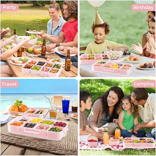 Luxear Divided Snack Box with Compartment, Divided Snack Serving Tray Reusable with Lid Handle, Food Storage Container Organiser for Snackle Box Appetizers Container,Pink thumbnail 8