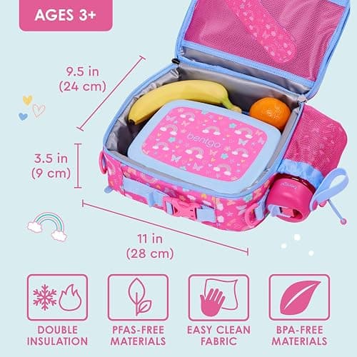 Bentgo Kids Lunch Bag - Double-Insulated, Reusable Lunch Bag for Kids 3+ with Adjustable Strap; Holds Lunch Box/Water Bottle/Snacks; Easy-Clean, Water-Resistant & Pockets (Rainbows & Butterflies) thumbnail 2